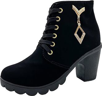 Generic Winter Womens Fashion Leather Ankle Boots with Thick High Heel and Breathable Round Toe Design for Everyday Comfort and Style (Black, 5. 5)
