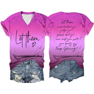 Generic Gym Tops for Women Ombre Print V Neck Motivational Slogan Tee Double-Sided Design Workout Blouse T Shirts