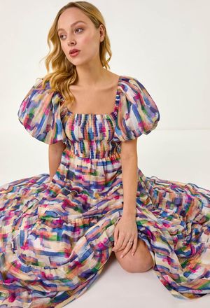 DUSK Abstract Puff Sleeve Tiered Dress