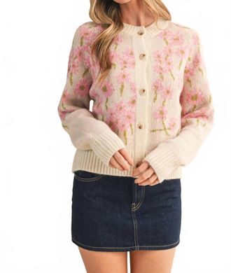 Merci Southern Grace Floral Knit Sweater Cardigan In Ivory & Pink