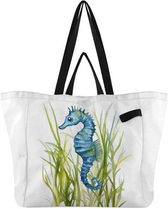 Generic Blue Seahorse Grasses pattern Reusable Canvas Tote Bag, Heavy Duty Grocery Shopping Bag with Double Handles Large Capacity Hard Bottom Work Groceries 