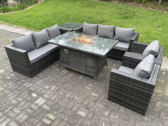 Fimous 8 Seater Outdoor Rattan Gas Fire Pit Table Sets Heater Lounge Chairs in Dark Grey