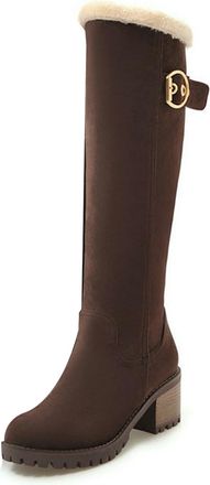 Generic Eestfy Womens Knee High Winter Boots Suede Sherpa Lining Chunky Block Heel Gold Buckle Lug Sole Platform Side Zip Travel Outdoor Walking Cold Weather 