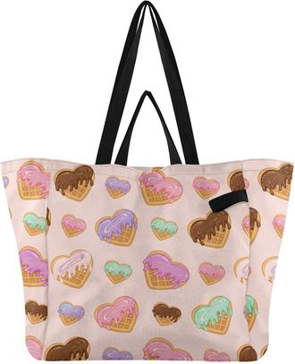 Generic Dessert Pink print Reusable Canvas Tote Bag, Heavy Duty Grocery Shopping Bag with Double Handles Large Capacity Hard Bottom Work Groceries Travel