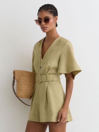 Reiss Green Linen Short-sleeve Belted Playsuit, 16