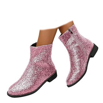 Generic Round Toe Low Chunky Heels Glitter Booties - Sparkle Ankle Boots for Women, Side Zipper Shiny Evening Boots with Chunky Block Heel (Pink,4.5)