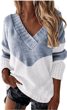 Generic 2024 New Jumper Christmas Womens Tops Warm Clothes Womens Autumn Winter V Neck Color Blocked Knitted Loose Casual Warm Pullover Sweater Cold Sweater (