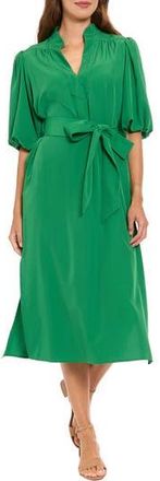 London Times Split Neck Tie Waist Midi Dress in Amazon Green at Nordstrom Rack, Size X-Large