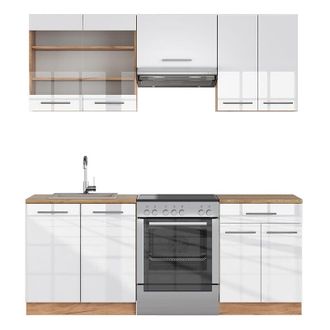 Vicco Cucina componibile Fame-Line, Bianco lucido/oro power oak, 200 cm senza piano di lavoro