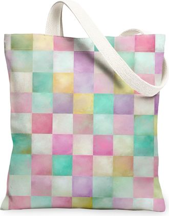 Generic Pastel Squares Canvas Tote Bags, Colorful Grid Pattern Reusable Grocery Bags, Lightweight Washable Shoulder Strap Canvas Fo, Pastel, 13x15 Inch