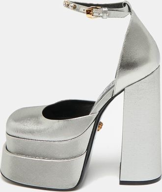 Versace Metallic Silver Lurex Fabric Medusa Aevitas Double Platform Pumps