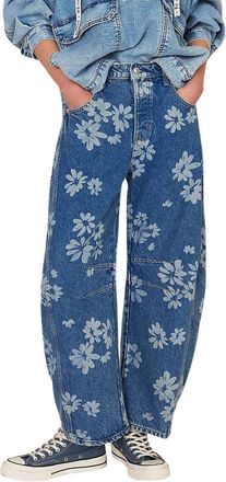 Generic Womens Y2k Baggy Wide Leg Denim Pants Boho Floral Printed Boyfriend Barrel Jeans with Pockets (Flower,L)