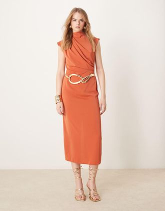 Asos high neck sleeveless midi dress with draped neck in rust-Brown