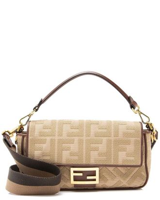 Fendi Beige Ff Embroidered Canvas Baguette Shoulder Bag (Authentic Pre-Loved)