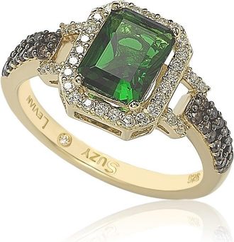Suzy Levian Rose Sterling Silver Emerald-Cut Blue Tanzanite Pink Cubic Zirconia Halo Ring