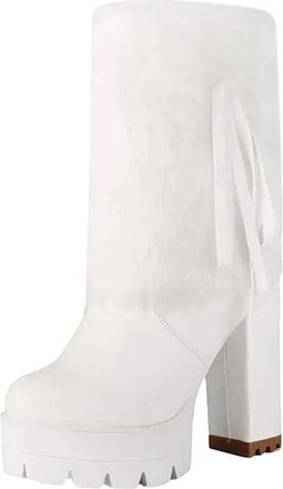 Generic Womens Chunky Mid Calf Boots Round Toe Super High Heel With Platform Zipper Closure Goth Punk Style Dress Shoes