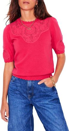 Boden Embroidered Short Sleeve Sweater in Camelia Pink at Nordstrom, Size X-Large