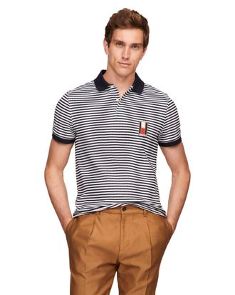 Tommy Hilfiger Mens Short Sleeve Casual Polo Shirts in Regular Fit with Stretch and Vertical Logo Designs, Desert Sky/White, Medium