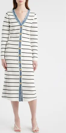 ZOE AND CLAIRE Stripe Long Sleeve Sweater Dress in Ivory Denim at Nordstrom, Size X-Large