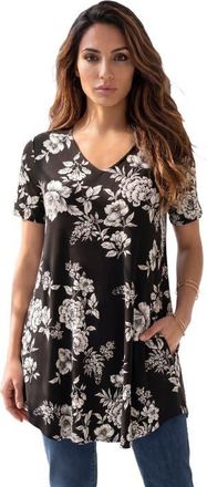 Roaman's Ultra Drape V Neck Short Sleeve Swing Tunic in Black Garden Floral at Nordstrom, Size 20