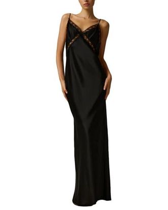 Kiki De Montparnasse Lace Inset Maxi Slip in Black at Nordstrom, Size Medium