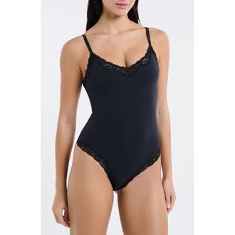Etam Lace Trim Bodysuit in Black at Nordstrom, Size Medium