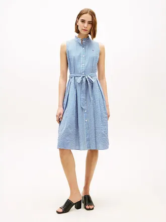 Tommy Hilfiger Womens Belted Gingham Seersucker Midi Dress - Blue - XXS