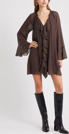 Open Edit Ruffle Chiffon Shift Dress in Brown Seal at Nordstrom Rack, Size Xx-Small
