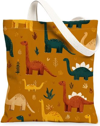 Generic Dinosaur Pattern Canvas Tote Bags, Fun Prehistoric Animal Print Reusable Grocery Bags, Lightweight Washable Shoulder Strap, Brown, 13x15 Inch
