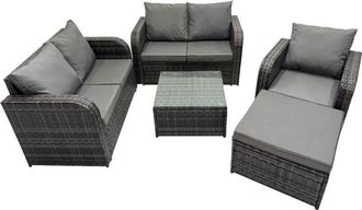 Fimous Rattan Garden Outdoor Furniture Set Love Sofa Square Coffee Table Set with Big Stool Dark Grey Mixed - Fimous