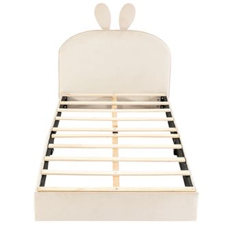 STILVORA Cama Infantil 90 X 200 Cm De Terciopelo Con Cabecero De Conejo, Somier De Lamas De Madera, Sin Colch&oacute;n, Beige