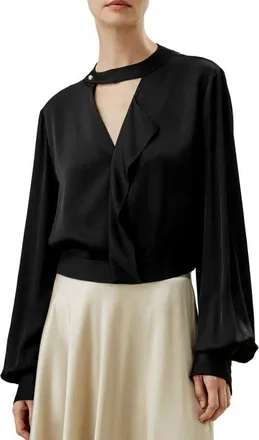 LilySilk V Neck Collared Silk Shirt in Black at Nordstrom, Size Xx-Large
