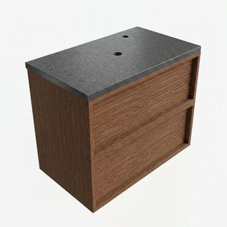 Saniclass Holz Frame Badkamermeubelset - 80x45x63cm - Noche basalten wastafelblad gepolijst (zwart) - 1 kraangat - 2 lades - mat walnut pure (hout)