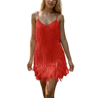 Generic Women Sexy Deep V-Neck Spaghetti Straps Fringe Bodycon Mini Dress Tassels Backless Cocktail Club Party Dresses Womens Sequins Tassel Dance Dress Flapp
