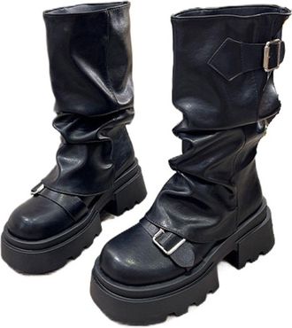 Generic Vintage Maillard Mid-Boots New British Style Thick Bottom Increased Brown Trousers Ankle Boots(Black,US4)