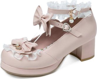 Generic Womens Sweet Mary Jane Heels Ankle Strap Lolita Pumps Bow Platform Party Shoes,Pink,1.5 UK