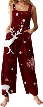 Generic Xmas Onesies Christmas Jumpsuit For Women Uk Santa Claus Print Dungarees Snowman Print Tunic Long Overall High Waist Slim Fit Fitness Onsies Romper Wi