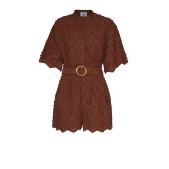 Silvian Heach Kleedjes, Dames, Bruin, XS, Korte Jumpsuit met Borduursel en Ge&iuml;ntegreerde Riem