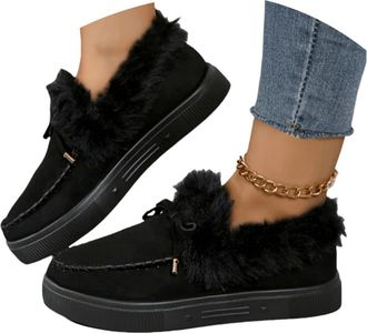Generic Snow Boots for Women Warm Winter Moccasin Fur Boots Women Fur Lined Loafers Ankle Snow Boot Winter Loafer Flats Platform Thick Plush Shoes Outdoor Fle