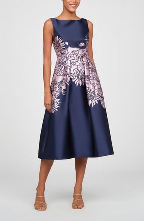Kay Unger Evaline Placed Floral Cocktail Midi Dress in Deep Navy at Nordstrom, Size 10