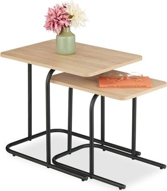 Relaxdays Relaxdays - Nesting Tables, 2-Piece Set, 2 Sizes, Wood Effect, Metal, Rectangular, Lounge, for Sofa, Light Brown/Black