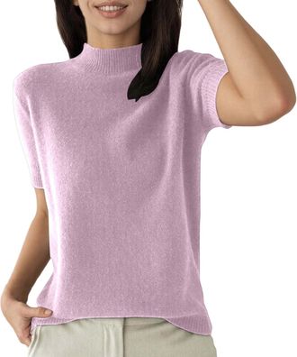 Generic Womens Short Sleeve Knitted Jumper with Stand-Up Collar, Fine Knit Top in Minimalist Style, Elegant and Soft Basic Top for Business and Leisure