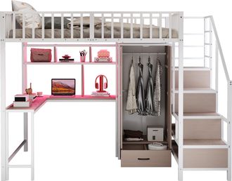 STILVORA Cama Alta 140 X 200 Cm Con Escritorio, Armario, Cajones, Led, Usb Y Tipo-c, Sin Colch&oacute;n, De Metal, Blanco