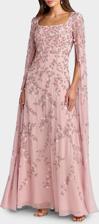 Mac Duggal Embellished Georgette Cape-Sleeve Gown