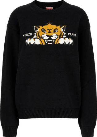 Kenzo Happy Tiger Geborduurde Jumper - Heren - Ronde hals truien - Zwart - S - Katoen - Truien & Vesten