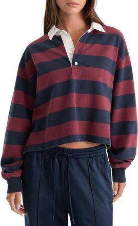 Good American The Cropped Stripe Long Sleeve Rugby Shirt in Navy Berry Noir Block Stripe at Nordstrom, Size X-Small