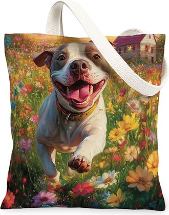 Generic Spring Pitbull Dog Canvas Tote Bag for Shopping 13x15, Country Garden Puppy Reusable Grocery Print Pattern Bag for Women, Fun Flower Pet Beach Aesthet