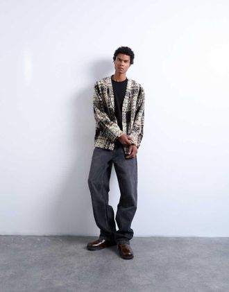 Topman Cardigan in misto lana testurizzato color crema e marrone con motivo a quadri