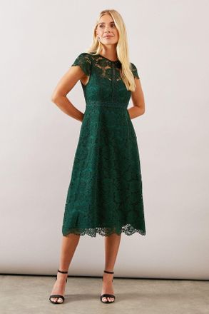 Wallis Womens Petite Lace Fit And Flare Dress - Forest Green - Size 18 UK