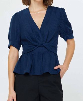 Current Air Short Sleeve Twist Detail Blouse In Navy